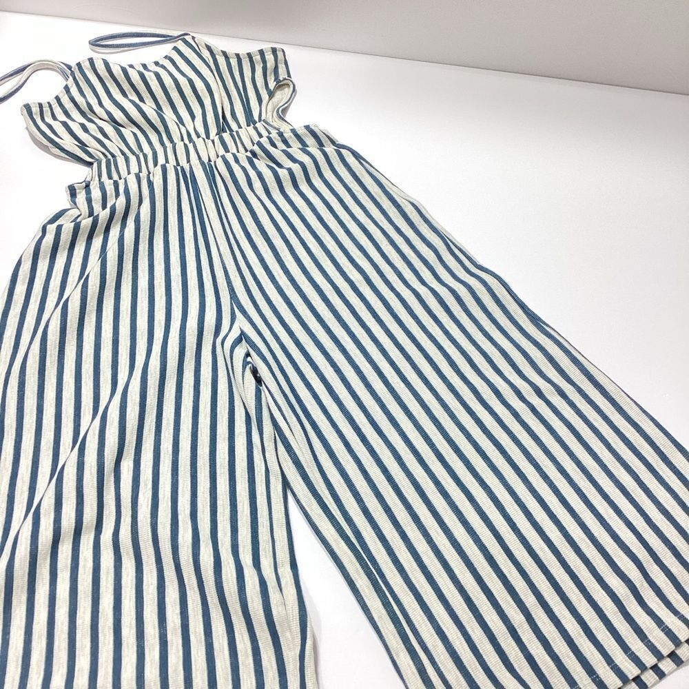 Pull & Bear Wide Leg Cropped Jumpsuit Size L Blue Gray Stripe Side Cutout Casual - Picture 14 of 14